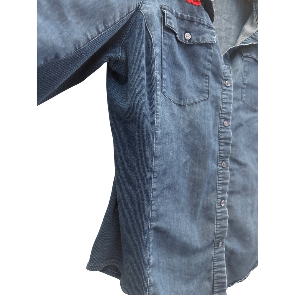 Cavalini Denim Collection Rose Embroidered Button Down Shirt Blue Large CTP99M - Picture 4 of 8